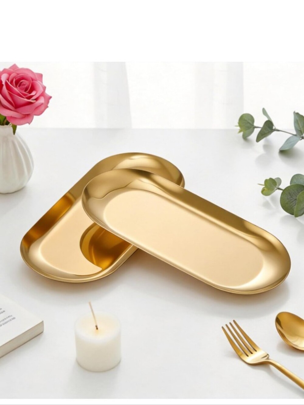 2 Pcs Gold Stainless Steel Oval Trinket Tray Towel Plate Vanity Jewelry Dish Set